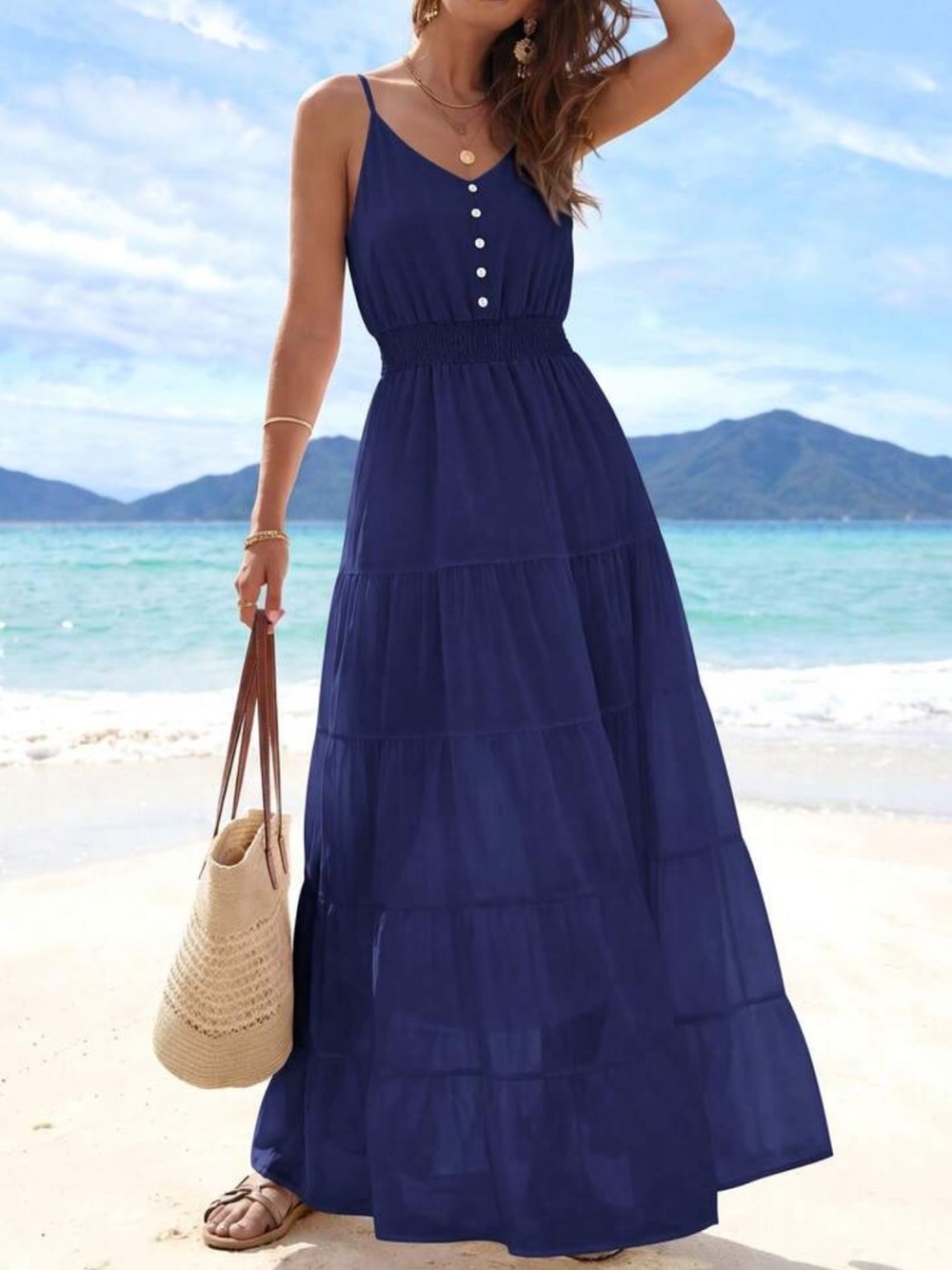 Sleeveless Navy Blue Maxi Dress with Smocked Waist